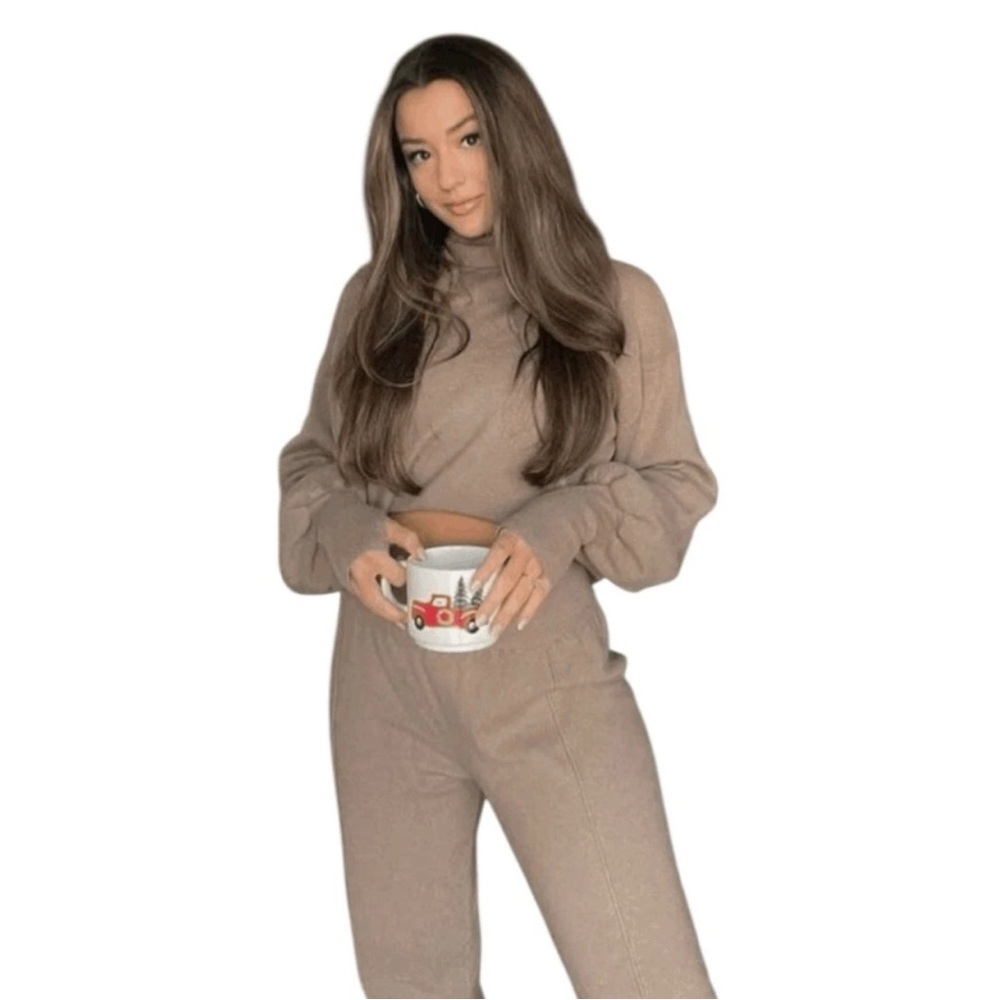 Silk & Salt Luxe Lounge Set Taupe Knit Two Piece Sweater Pants NWT Small #189 - Picture 8 of 8